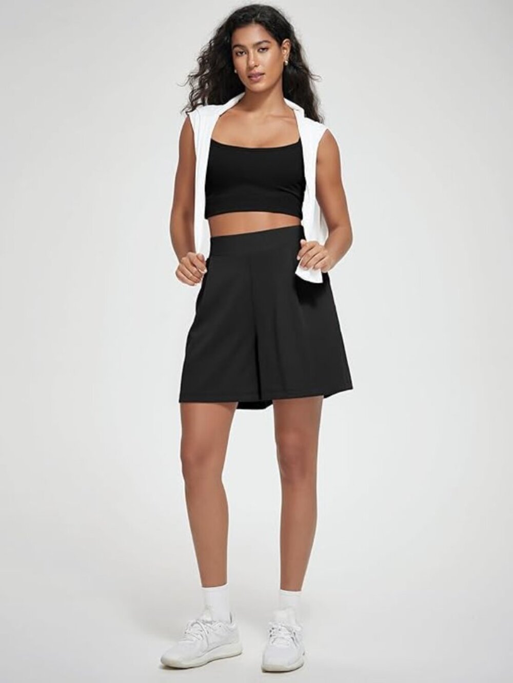Activewear Modal Soft Wide Leg  6" High Waist Shorts  Pockets Black Size L NWT